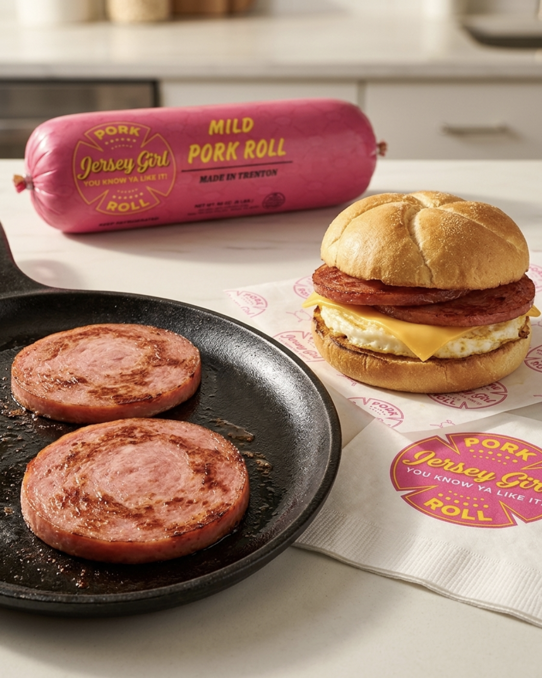 Pork roll sizzling on griddle