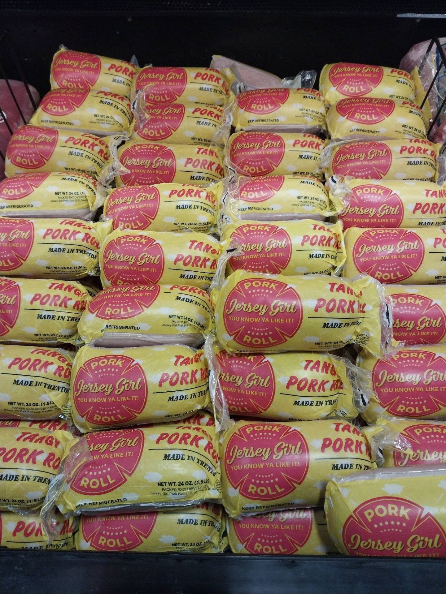 Jersey Girl pork roll cases stacked for distribution
